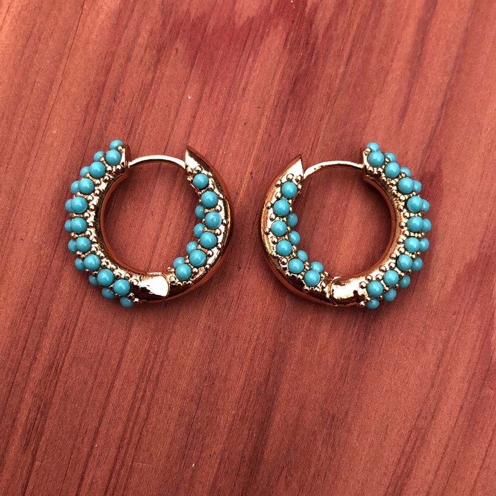 🌿Turquoise Pavè Huggie Hoops - Picture 3 of 7